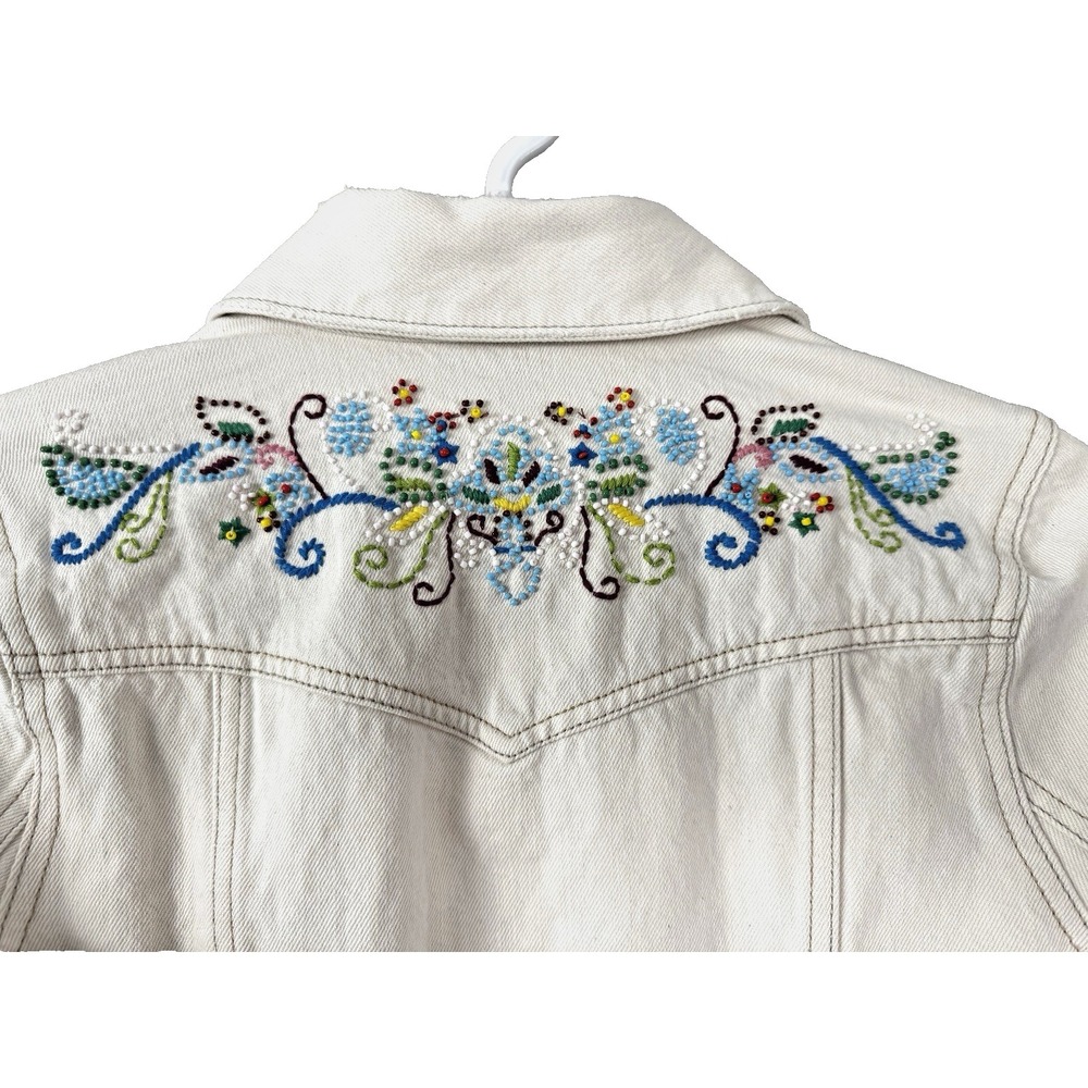VTG Y2K Jean Denim Trucker Jacket Small Old Navy Retro 90s Beaded Embroidered